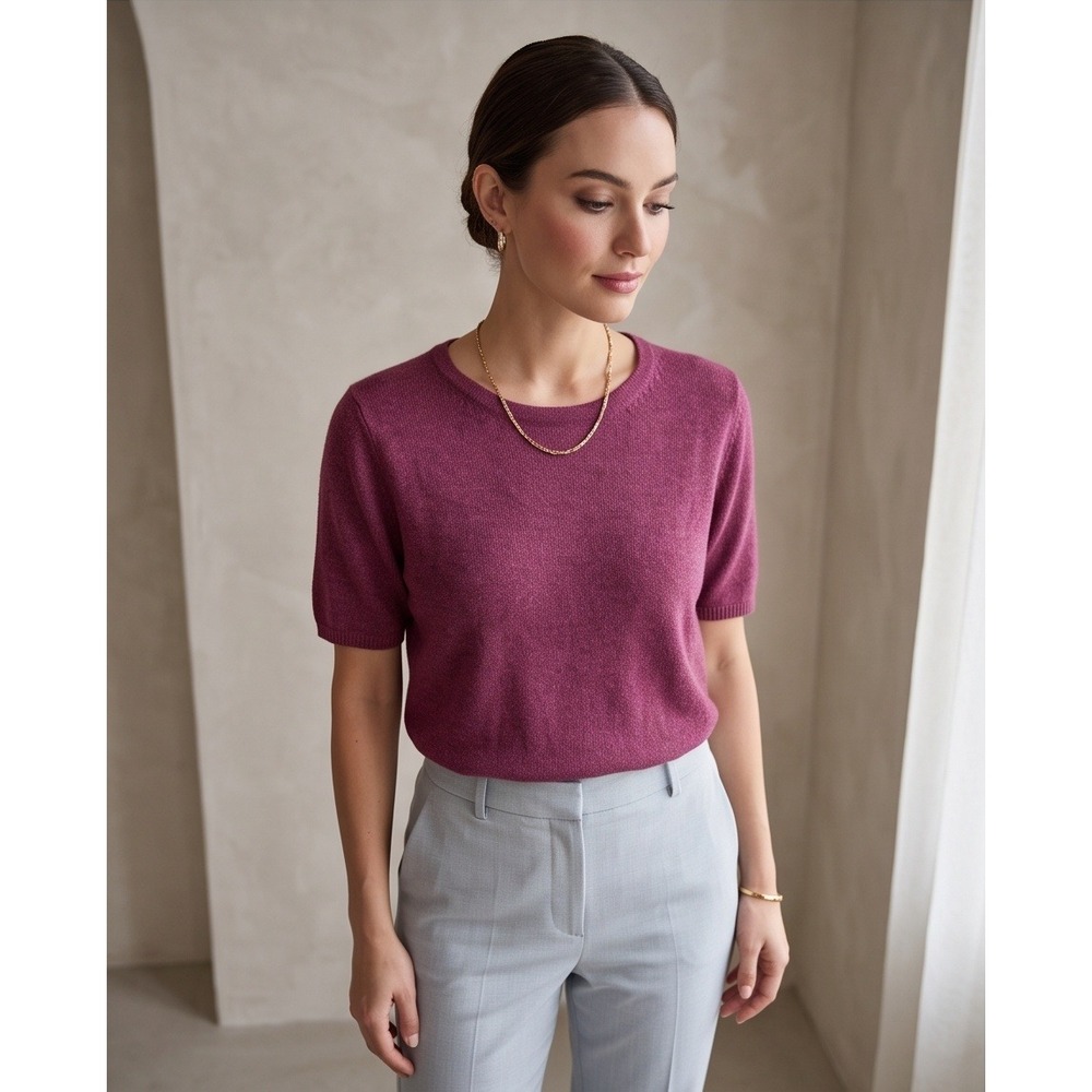 Silk Lore by Beth Terrell L Plum Silk Rayon Knit Short Sleeve Sweater Large NWT